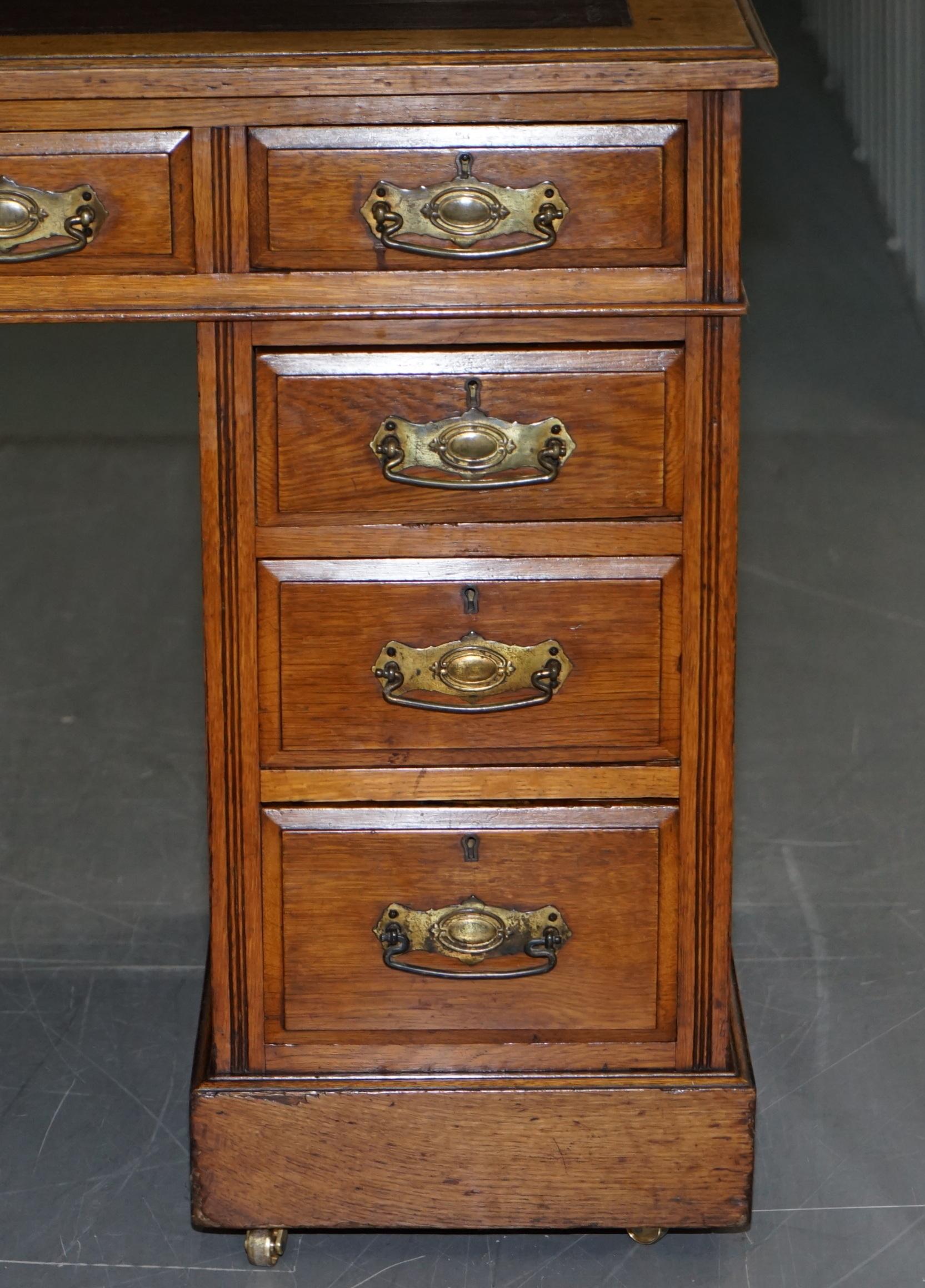 Victorian circa 1880 English Oak Twin Pedestal Partner Desk Oxblood Leather Top 3