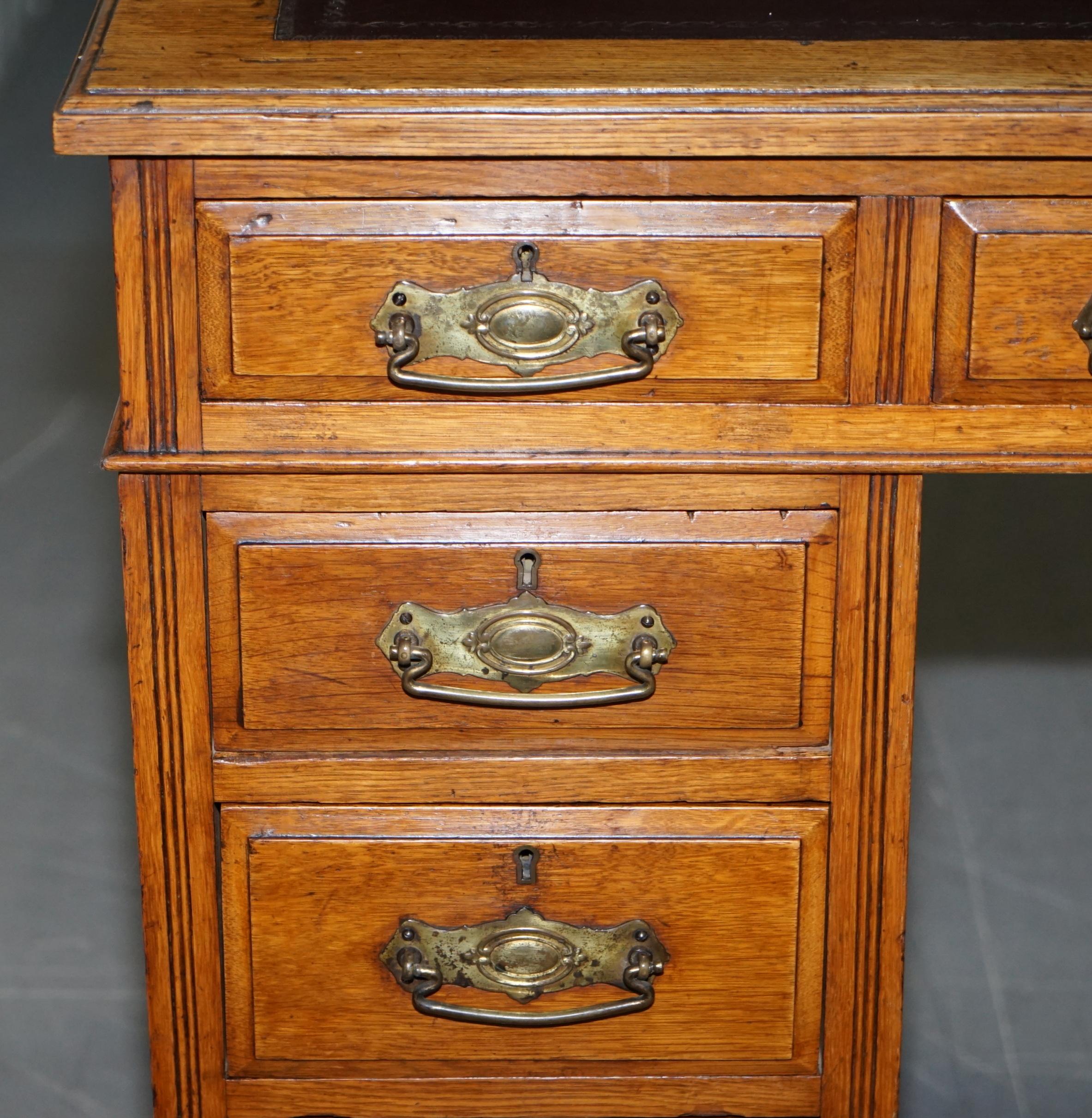 Victorian circa 1880 English Oak Twin Pedestal Partner Desk Oxblood Leather Top 5