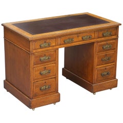 Victorian circa 1880 English Oak Twin Pedestal Partner Desk Oxblood Leather Top