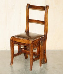 VICTORIAN CIRCA 1880 HARDWOOD, LEATHER & BRASS METAMORPHIC CHAiR LIBRARY STEPS