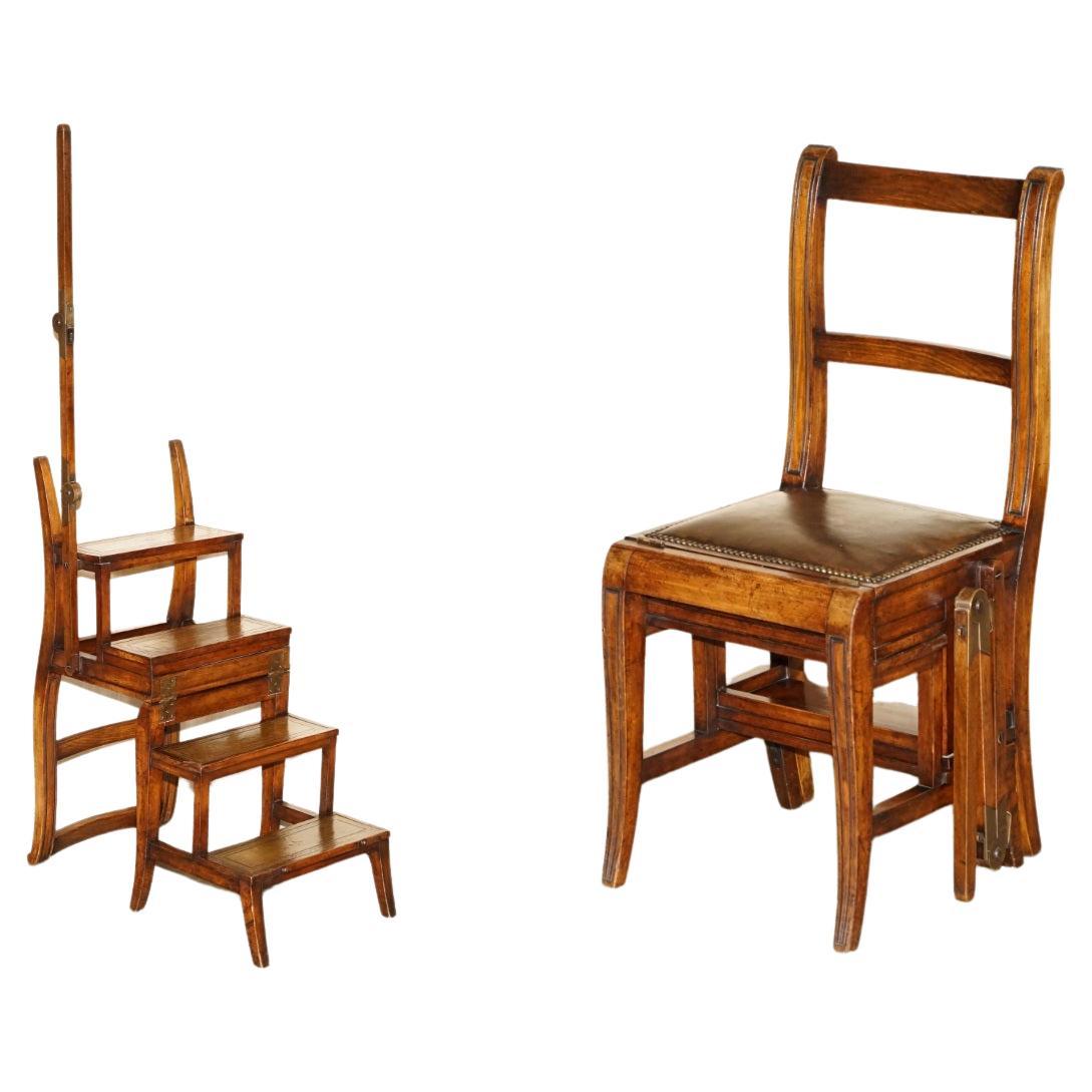 VICTORIAN CIRCA 1880 HARDWOOD, LEATHER 
BRASS METAMORPHIC CHAiR LIBRARY STEPS