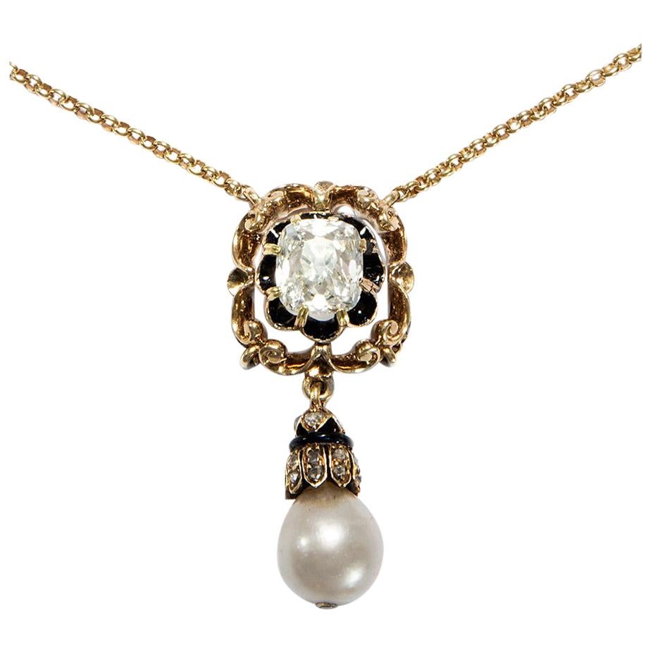 Victorian circa 1890 2.0 ct Old Mine Cut Diamond and Natural Pearl Gold Necklace