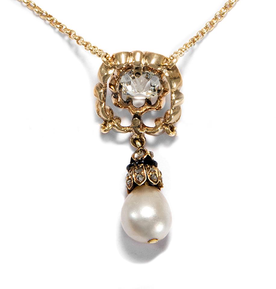 Women's Victorian circa 1890 2.0 ct Old Mine Cut Diamond and Natural Pearl Gold Necklace