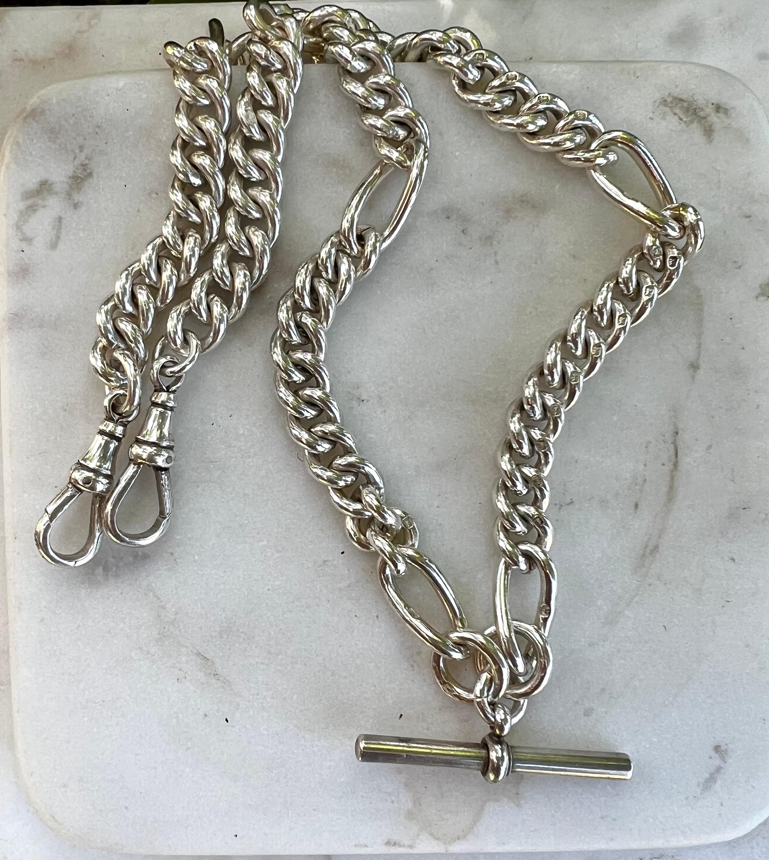 Victorian Circa 1890's Sterling Silver Watch Fob Belcher Chain Necklace In Excellent Condition For Sale In Berkeley, CA