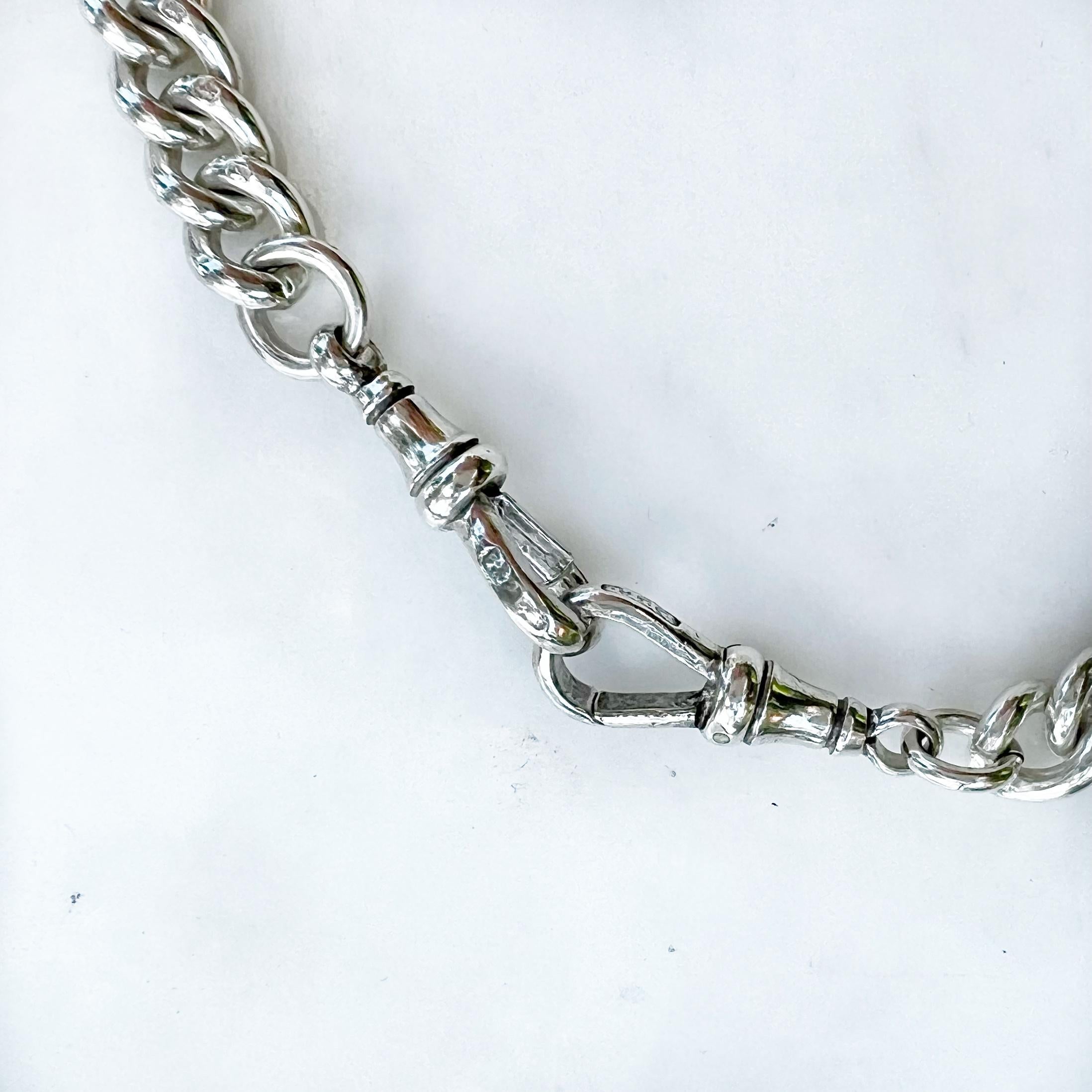 Victorian Circa 1890's Sterling Silver Watch Fob Belcher Chain Necklace In Excellent Condition For Sale In Berkeley, CA