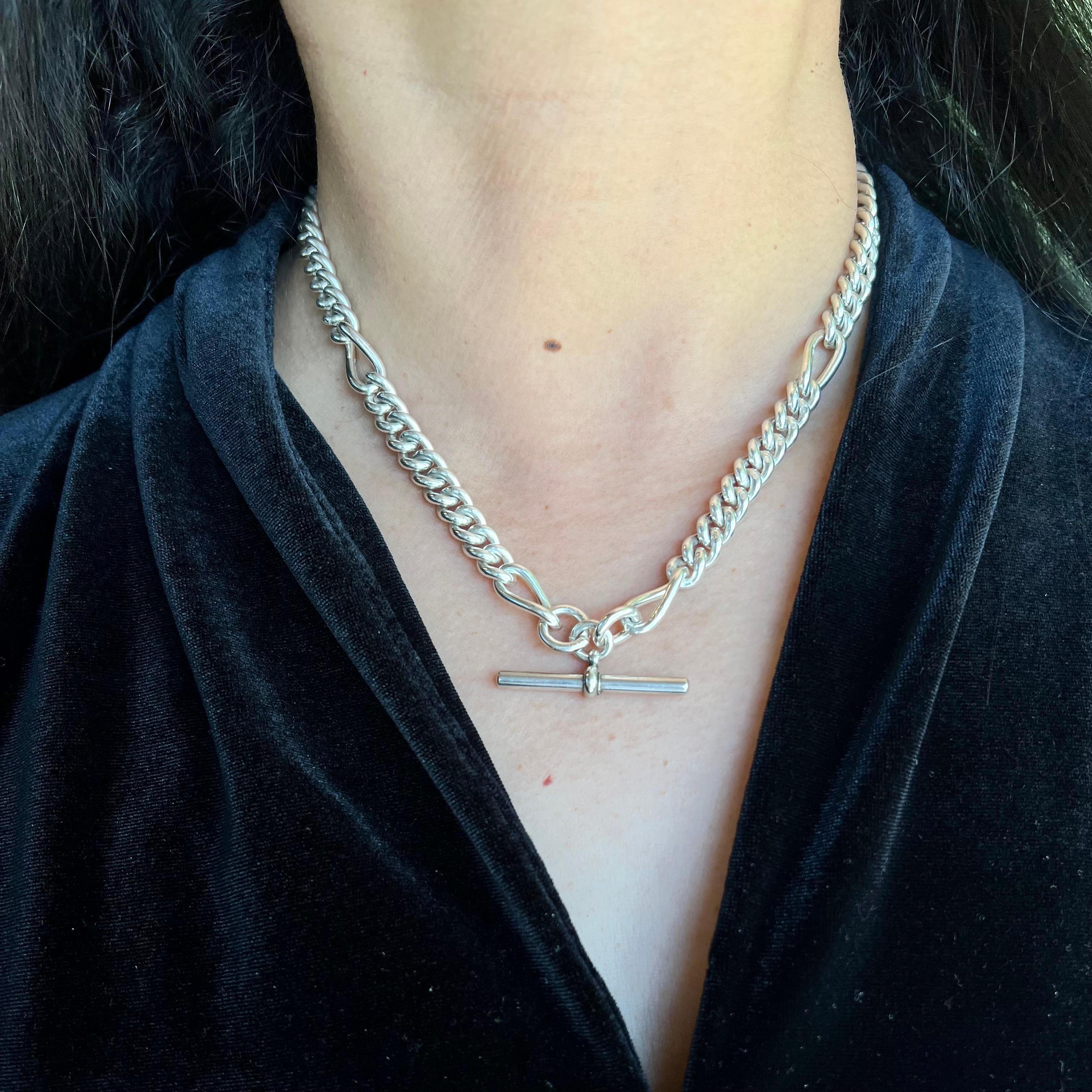 Victorian Circa 1890's Sterling Silver Watch Fob Belcher Chain Necklace For Sale 1