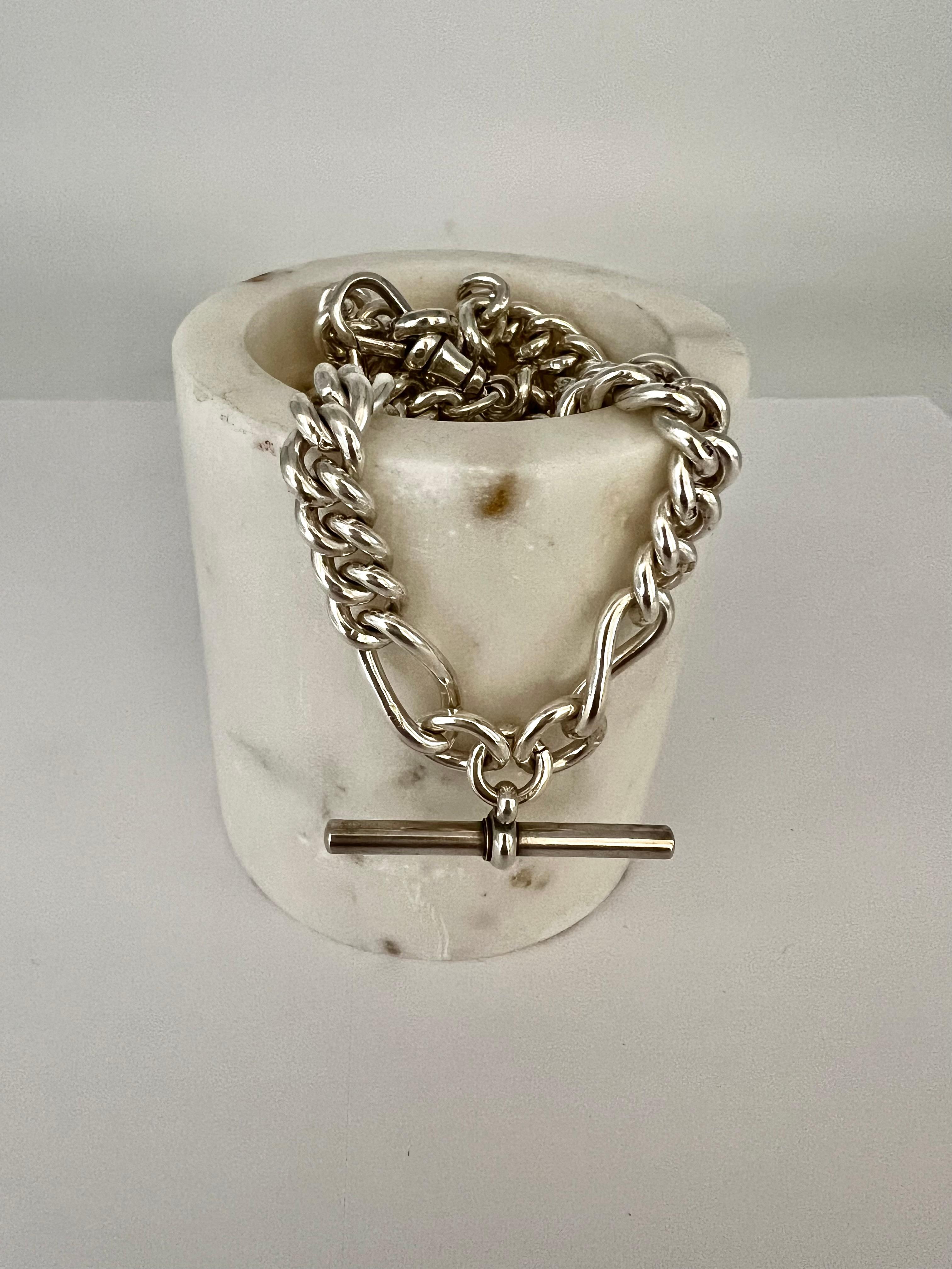 Victorian Circa 1890's Sterling Silver Watch Fob Belcher Chain Necklace In Excellent Condition For Sale In Berkeley, CA
