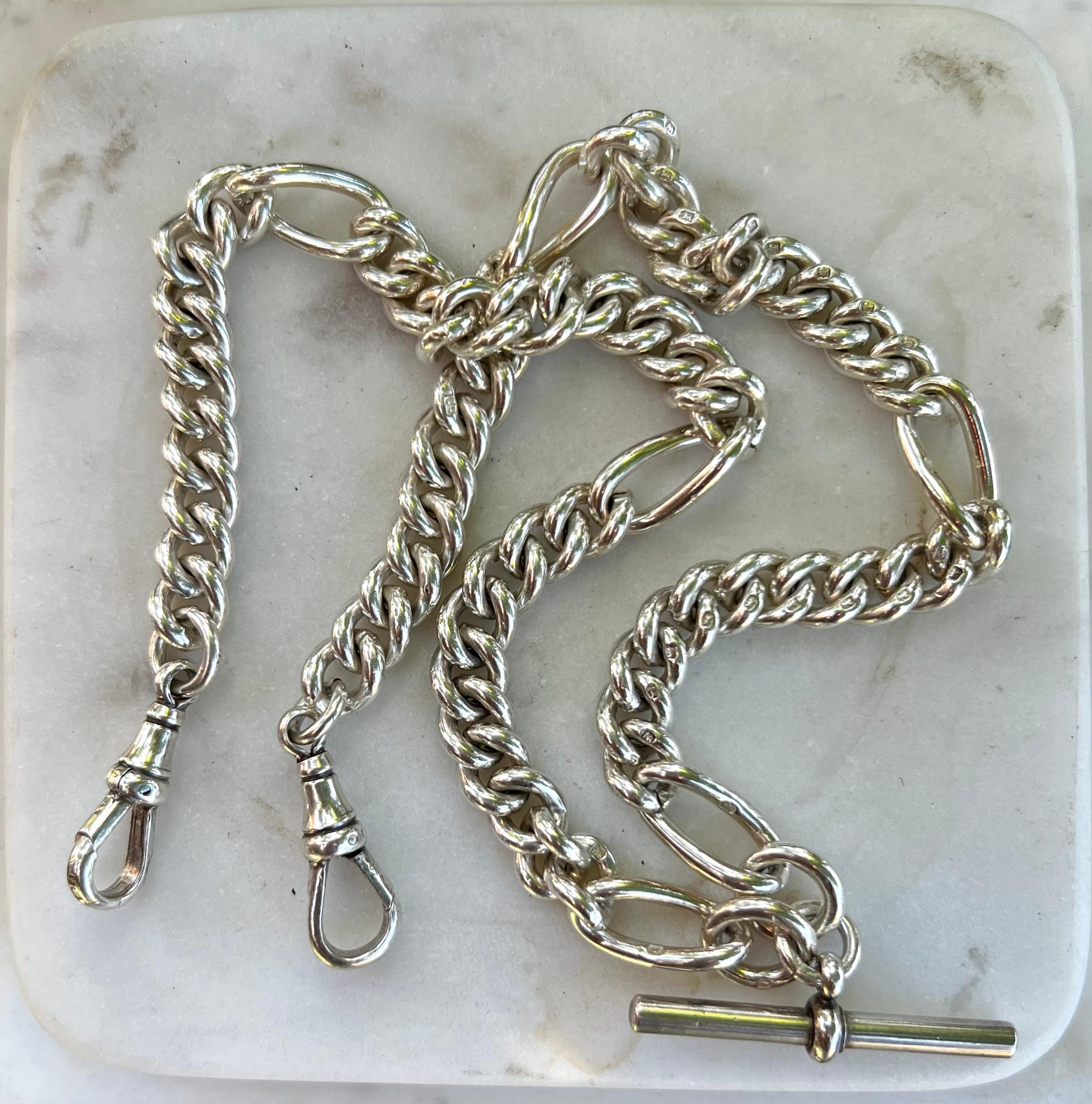 Women's or Men's Victorian Circa 1890's Sterling Silver Watch Fob Belcher Chain Necklace For Sale