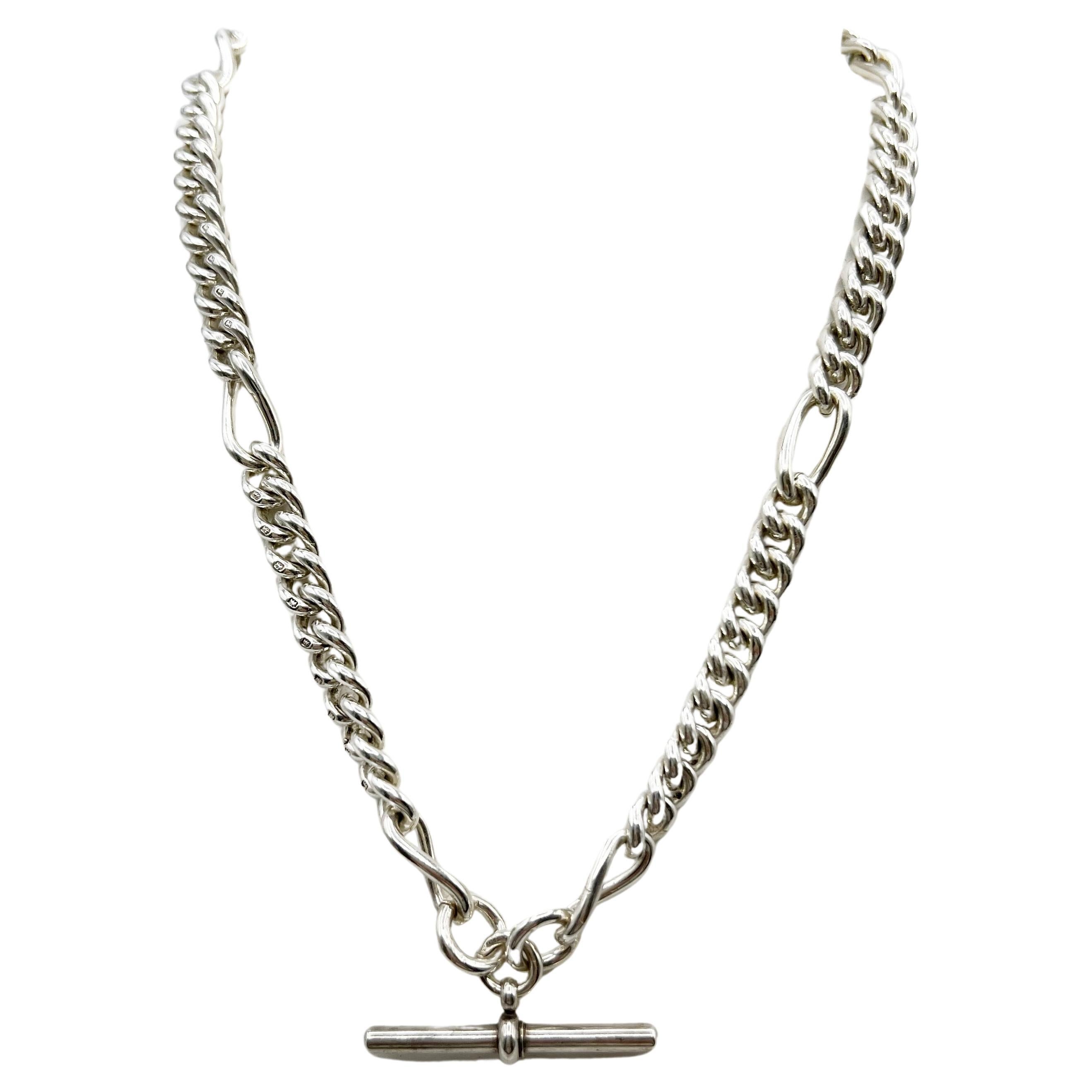 Collier Victorien Circa 1890 Sterling Silver Watch Fob Belcher Chain Necklace
