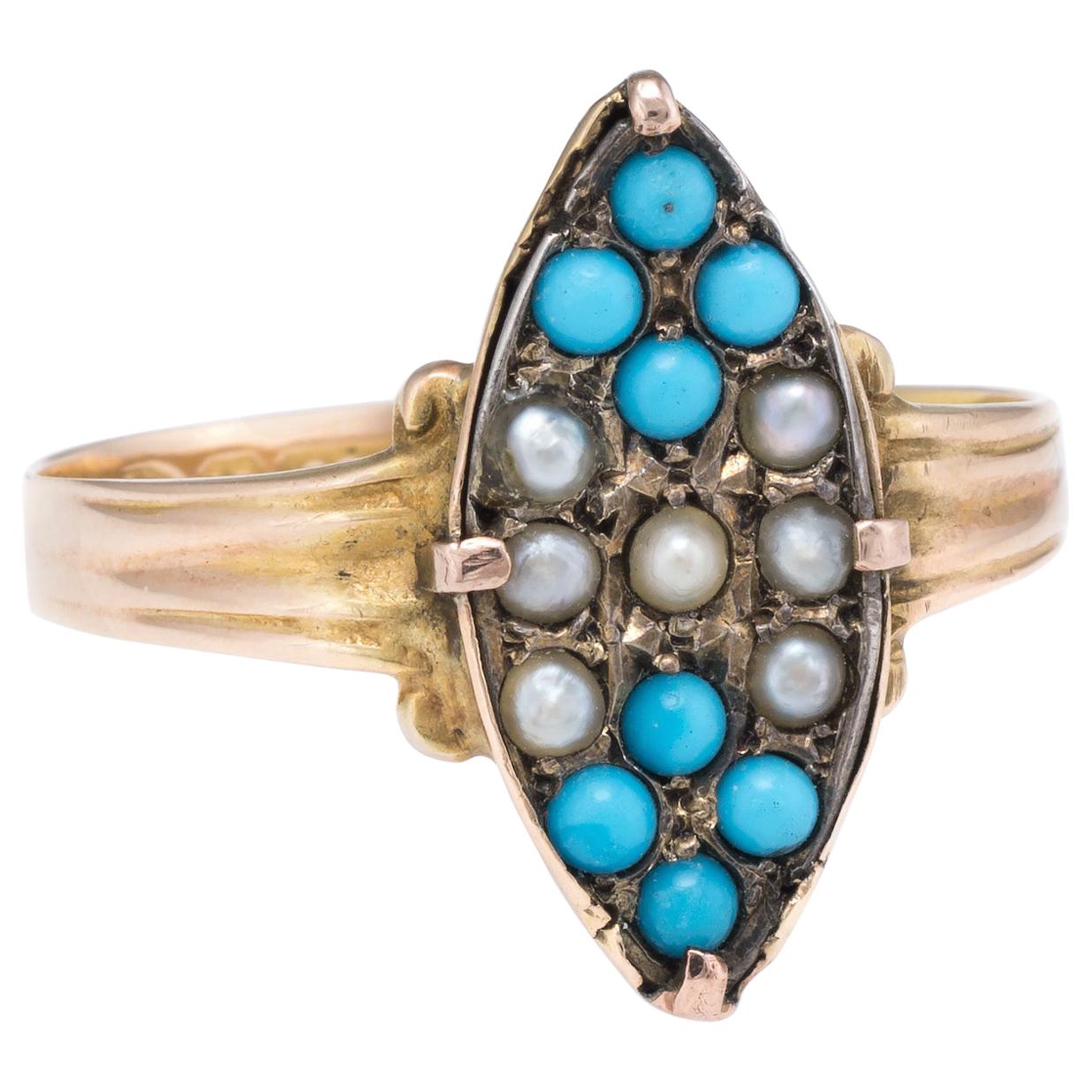 Victorian circa 1896 Seed Pearl Turquoise Ring Vintage 15 Karat Yellow Gold For Sale