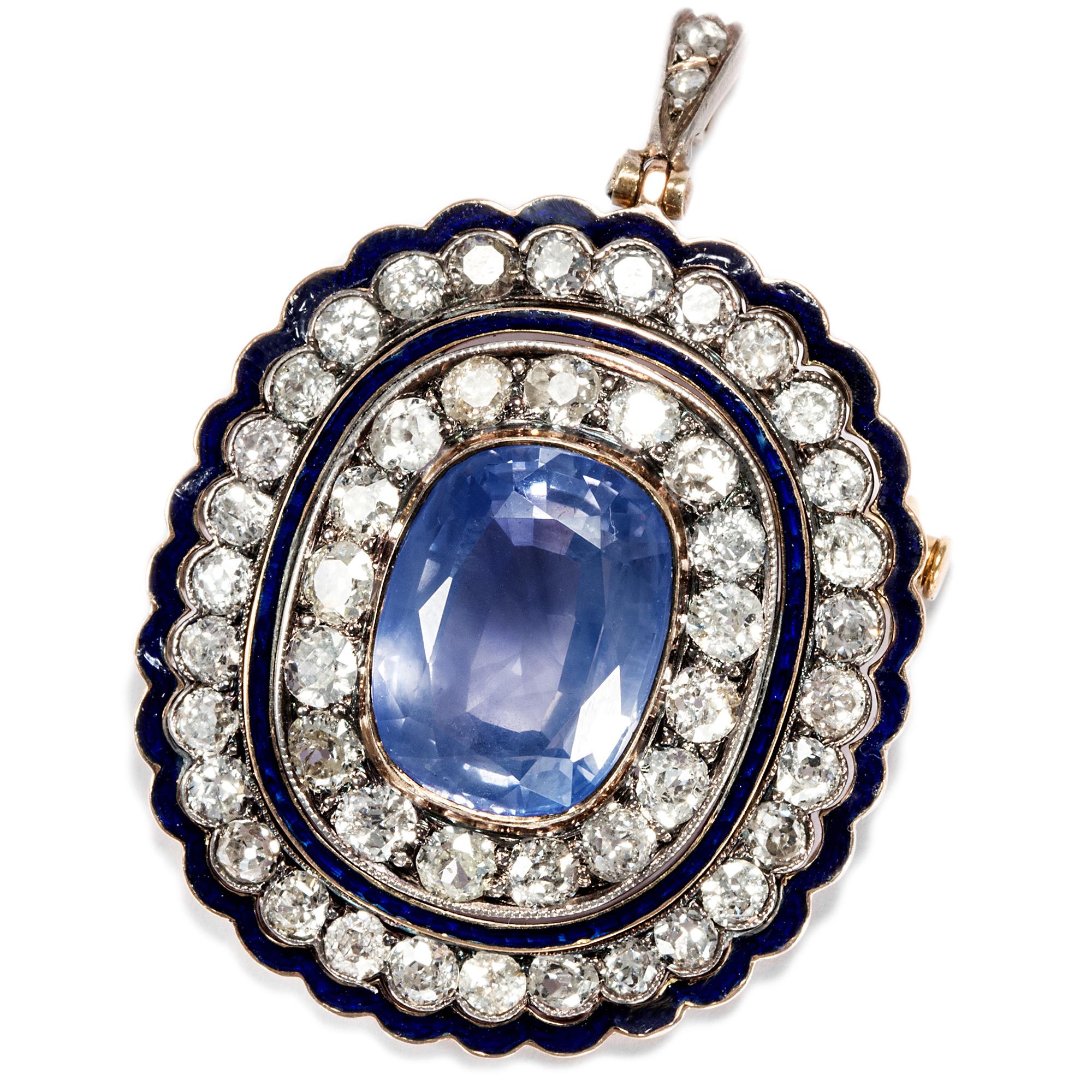 Unheated gemstones are rarities on today's market, making this 9.80 carat blue sapphire in its artful Belle Époque setting a veritable jewel. Due to a pin and retractable bail, the piece can be worn both as a brooch and a pendant.

The quality of
