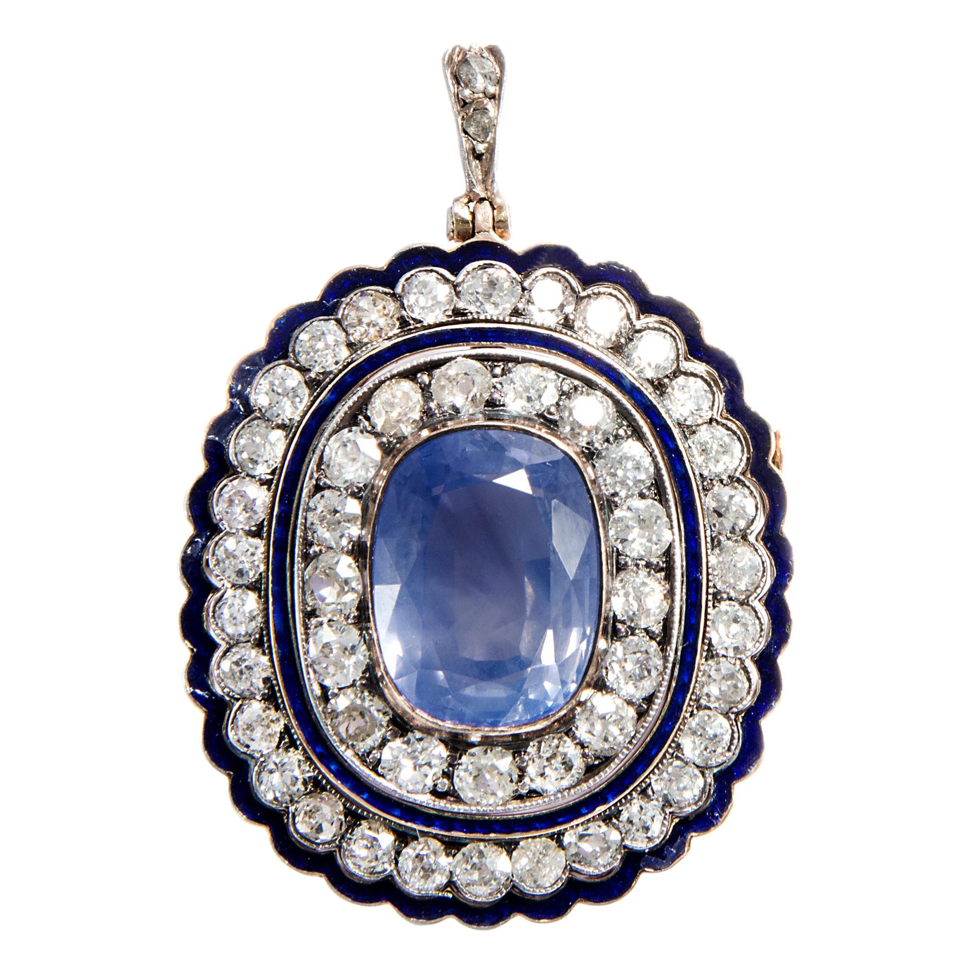 Victorian circa 1900 Certified 9.80 Carat No Heat Sapphire Brooch and Pendant