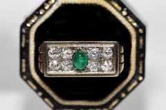 Victorian Circa 1900s 14k Gold Natural Diamond And Cabochon Cut Emerald Ring