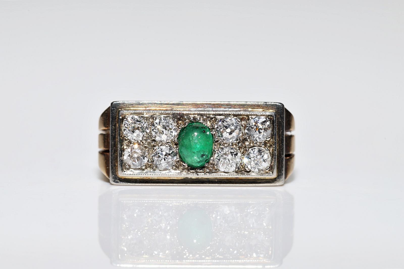 Old Mine Cut Victorian Circa 1900s 14k Gold Natural Diamond And Cabochon Cut Emerald Ring For Sale