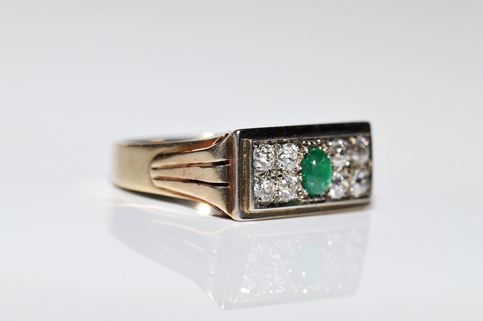 Victorian Circa 1900s 14k Gold Natural Diamond And Cabochon Cut Emerald Ring In Good Condition For Sale In Fatih/İstanbul, 34