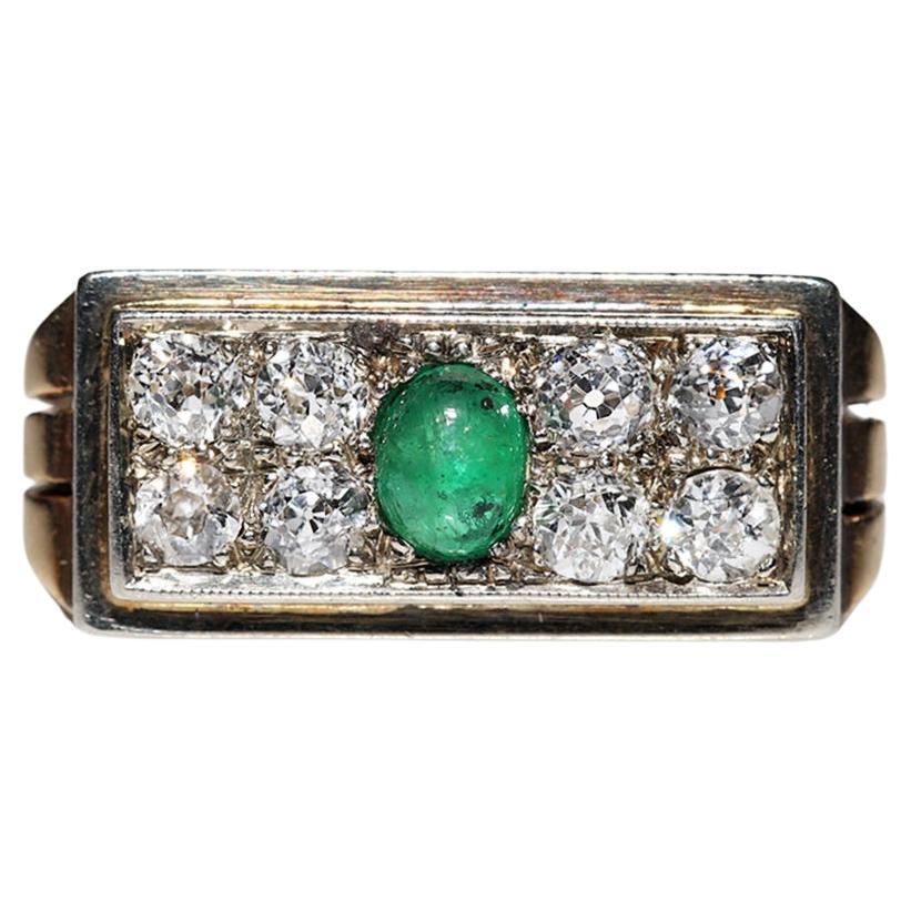 Victorian Circa 1900s 14k Gold Natural Diamond And Cabochon Cut Emerald Ring