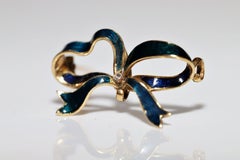 Victorian  Circa 1900s 18k Gold Natural Diamond Decorated Enamel Brooch