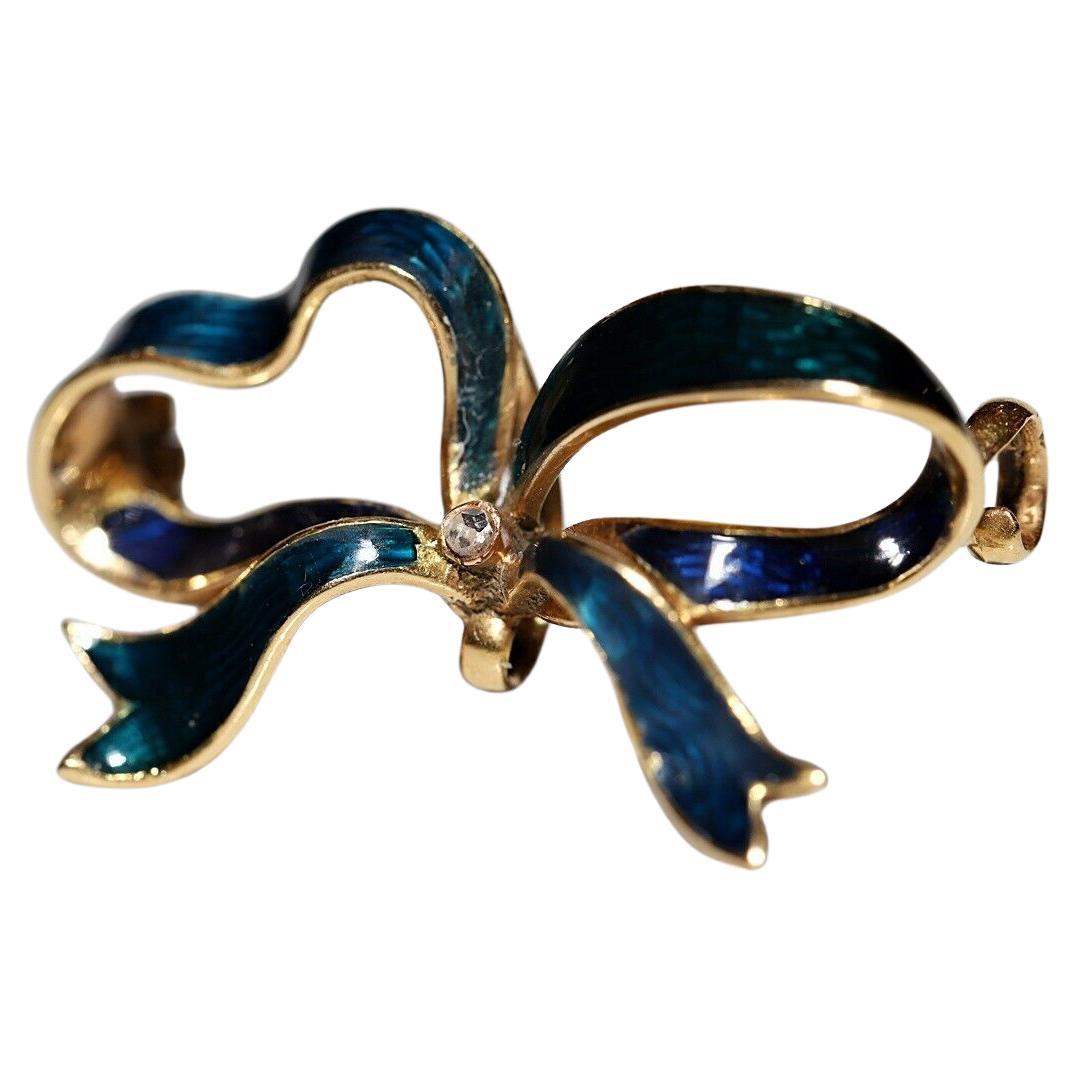 Victorian Circa 1900s 18k Gold Natural Diamond Decorated Enamel Brooch
