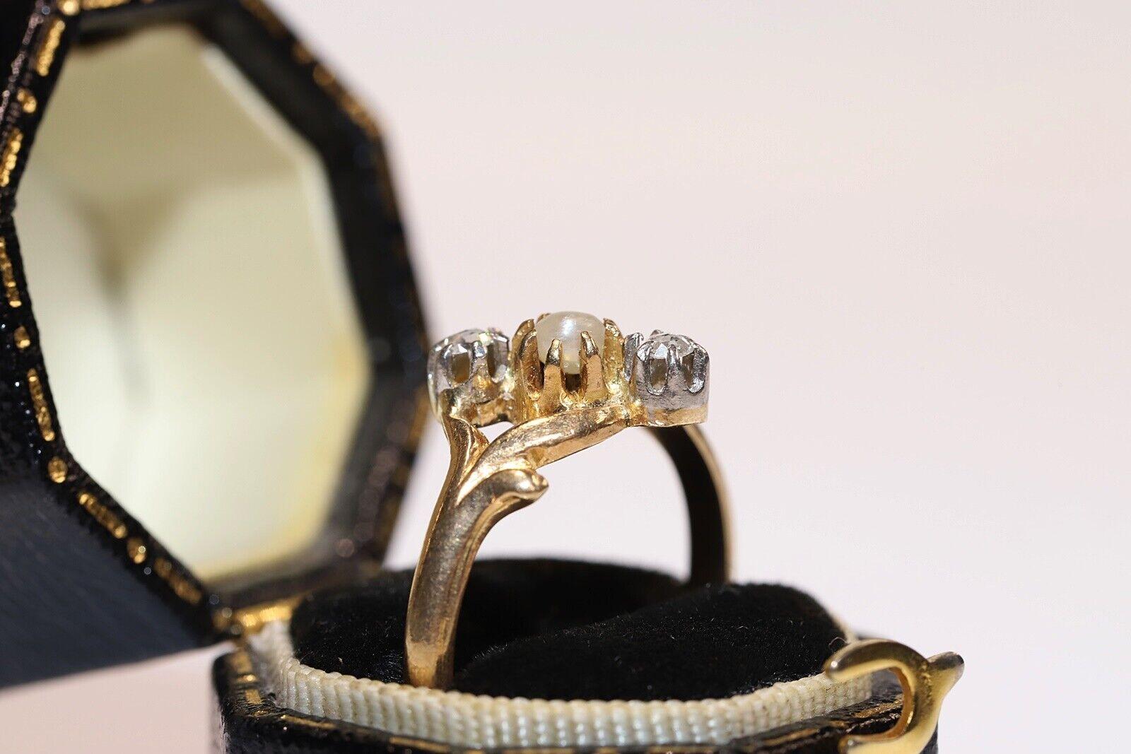 Viktorianischer Ring aus 18 Karat Gold mit Diamanten und Perlen im natürlichen Rosenschliff, um 1900 im Angebot 7