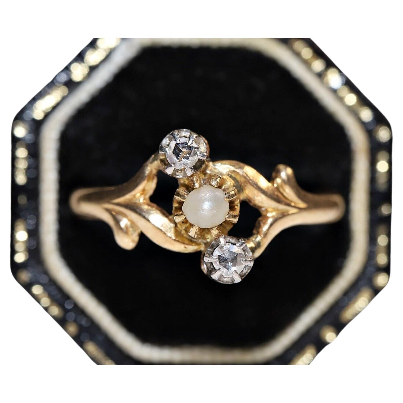 Viktorianischer Ring aus 18 Karat Gold mit Diamanten und Perlen im natürlichen Rosenschliff, um 1900 im Angebot