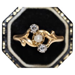 Antique Victorian Circa 1900s 18k Gold Natural Rose Cut Diamond And Pearl Ring