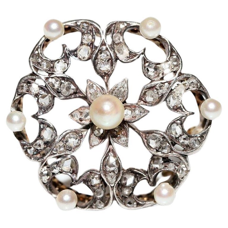 Silver on Gold French Victorian .25tcw Diamond & Pearl Brooch