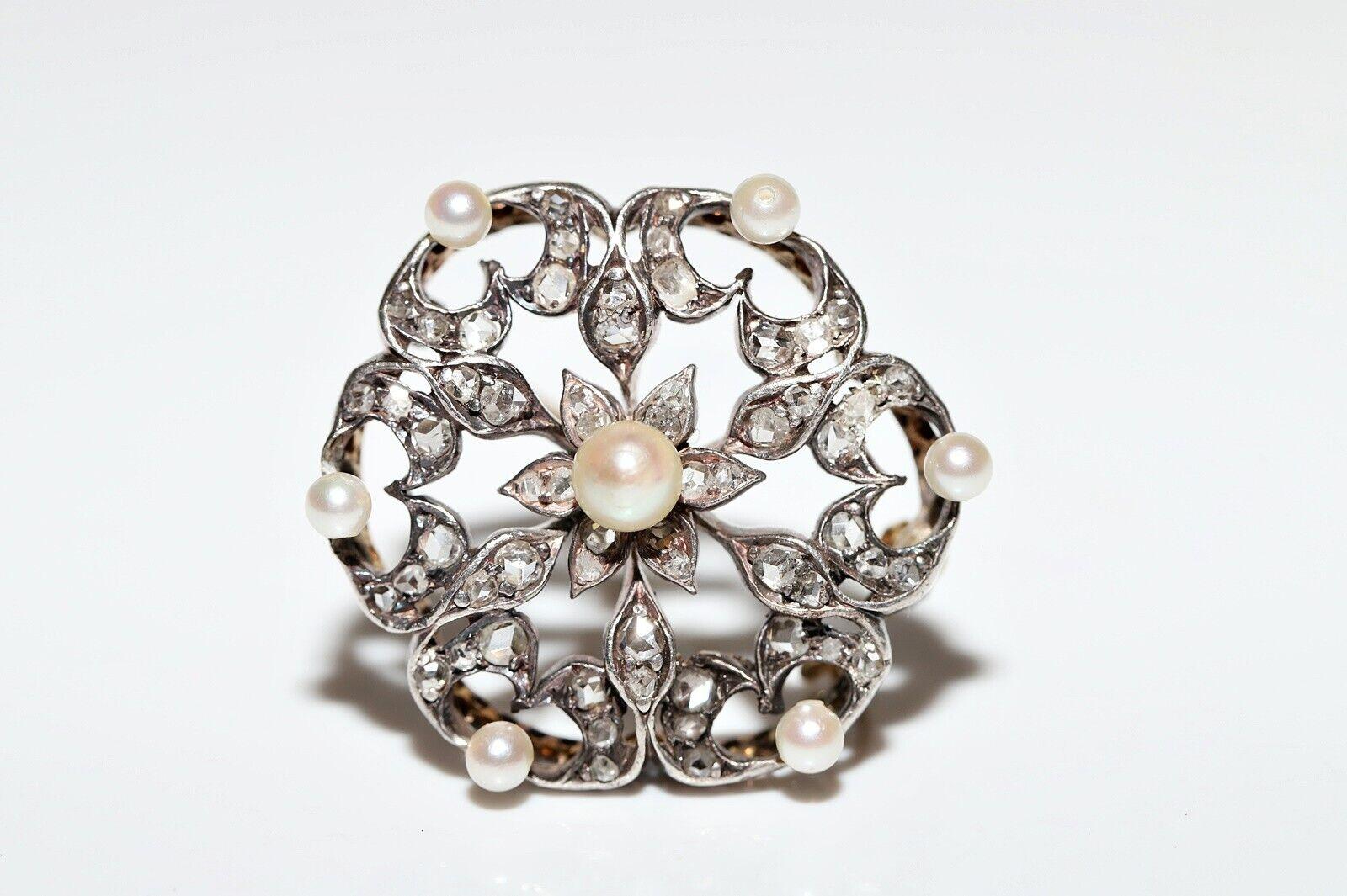 Broche Victoriano Circa 1900s Oro 18k Plata Superior Diamante Perla Corte Rosa Natural en venta 5