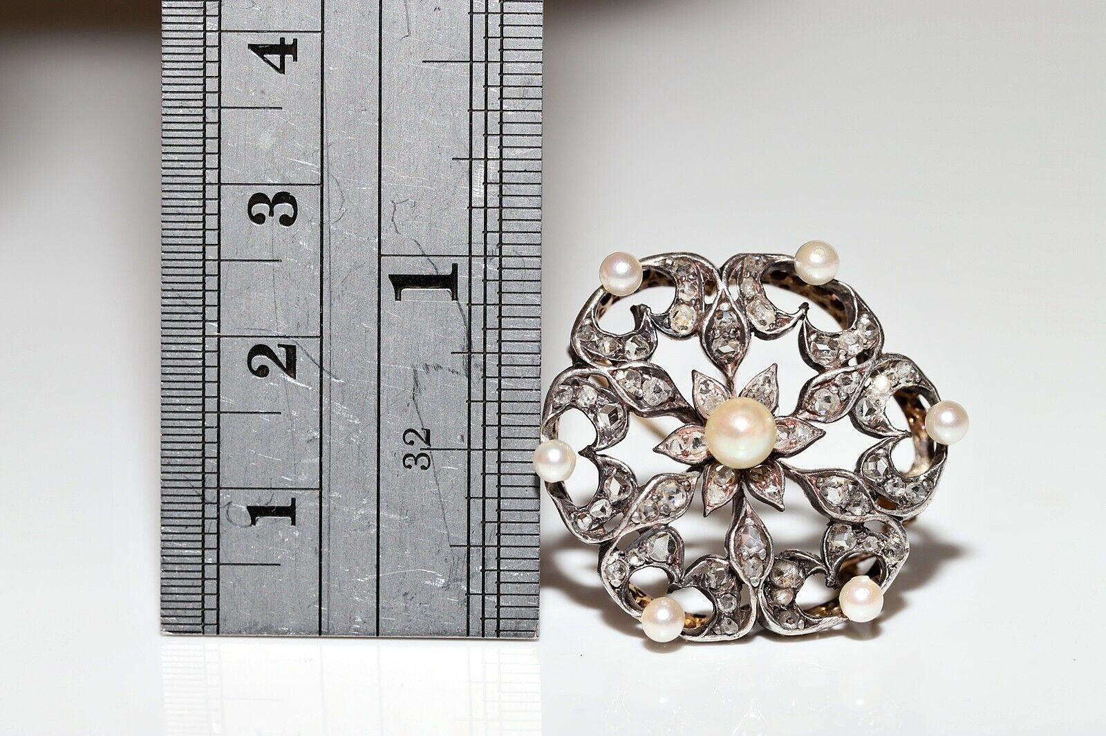 Broche Victoriano Circa 1900s Oro 18k Plata Superior Diamante Perla Corte Rosa Natural en venta 6