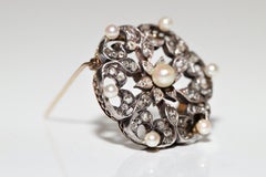 Victorian Circa 1900s 18k Gold Top Silver Natural Rose Cut Diamond Pearl Brooch