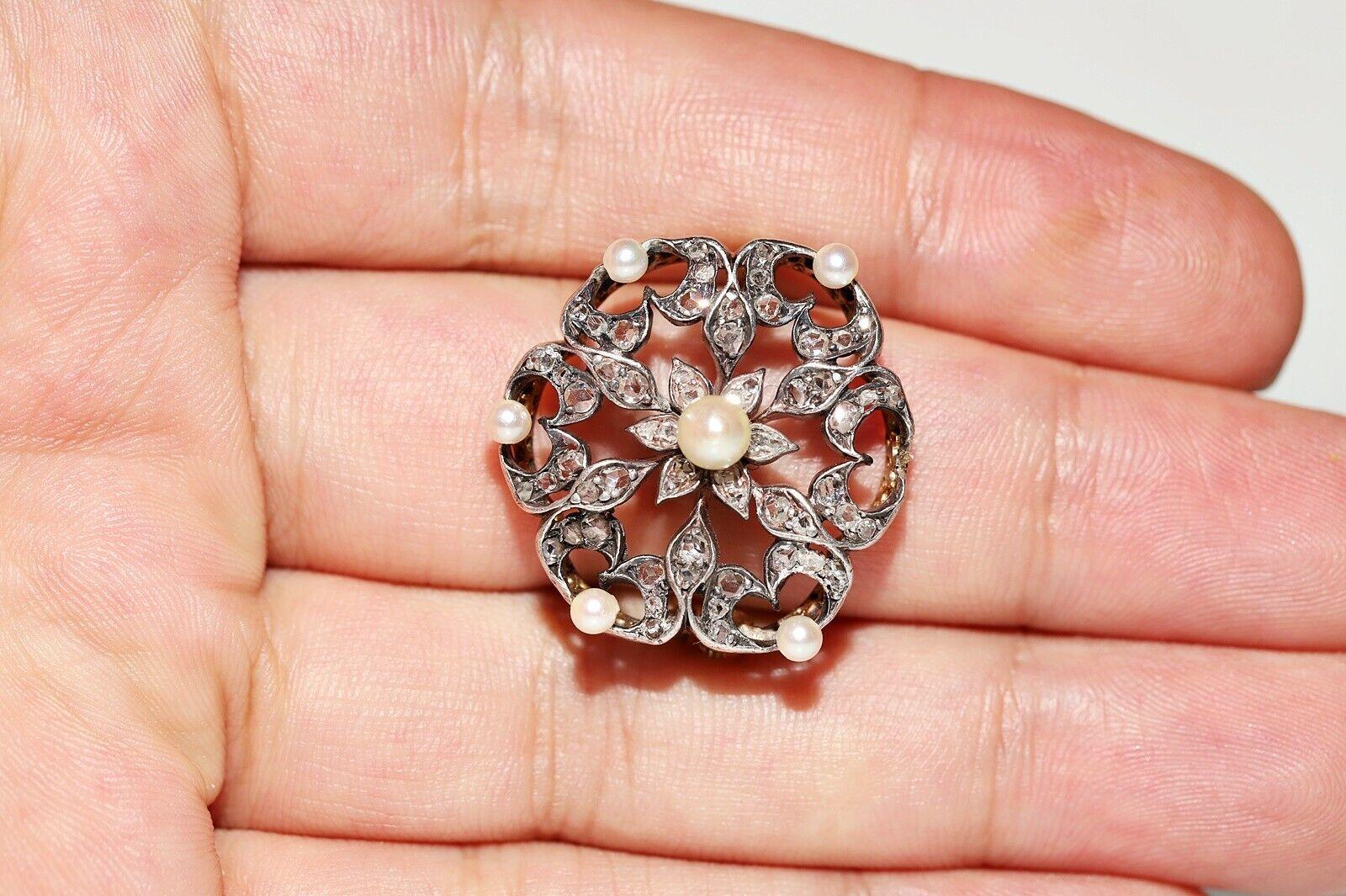 Broche Victoriano Circa 1900s Oro 18k Plata Superior Diamante Perla Corte Rosa Natural en Bueno estado para la venta en Fatih/İstanbul, 34