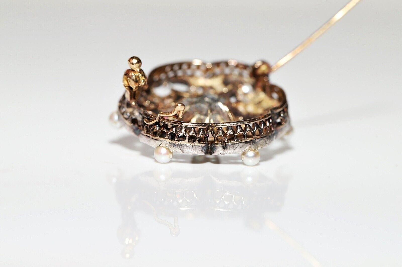Broche Victoriano Circa 1900s Oro 18k Plata Superior Diamante Perla Corte Rosa Natural en venta 1