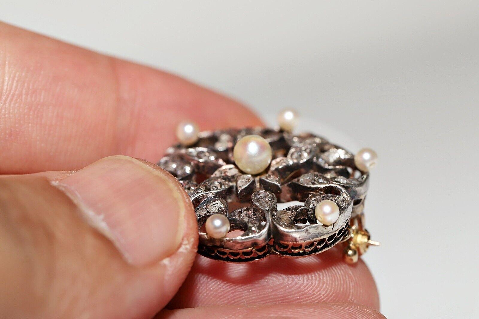 Broche Victoriano Circa 1900s Oro 18k Plata Superior Diamante Perla Corte Rosa Natural en venta 3