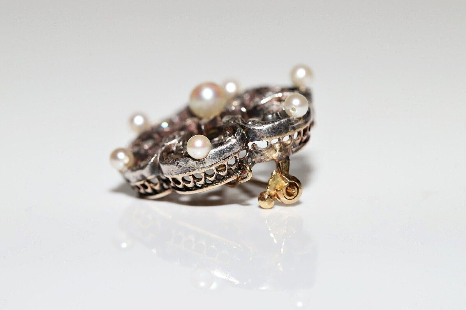 Broche Victoriano Circa 1900s Oro 18k Plata Superior Diamante Perla Corte Rosa Natural en venta 4