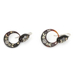 Victorian Circle Gold and Silver Pique Floral Drop Earrings, Circa 1880
