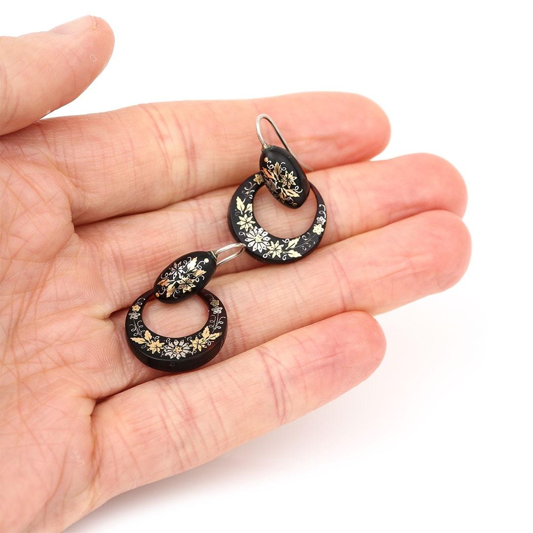 Victorian Circle Gold and Silver Pique Floral Drop Earrings, Circa 1880 For Sale 1