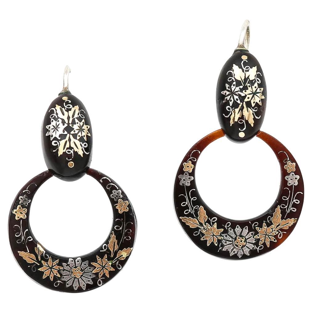 Victorian Circle Gold and Silver Pique Floral Drop Earrings, Circa 1880 For Sale