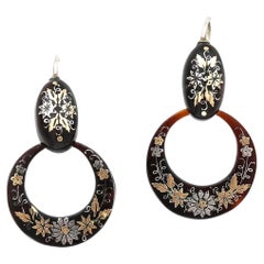 Vintage Victorian Circle Gold and Silver Pique Floral Drop Earrings, Circa 1880