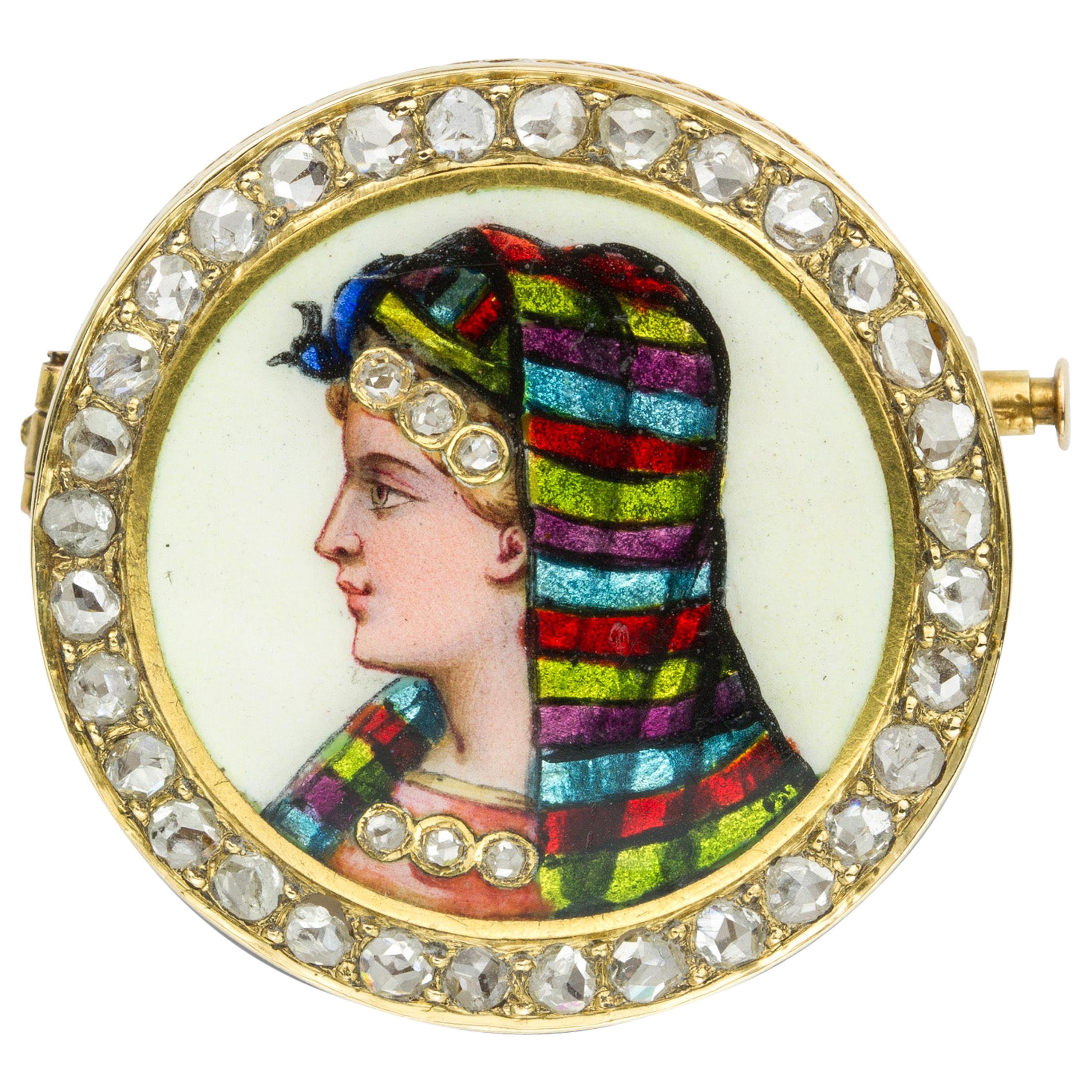 Victorian Circular Enamel Brooch with Ladies Head For Sale