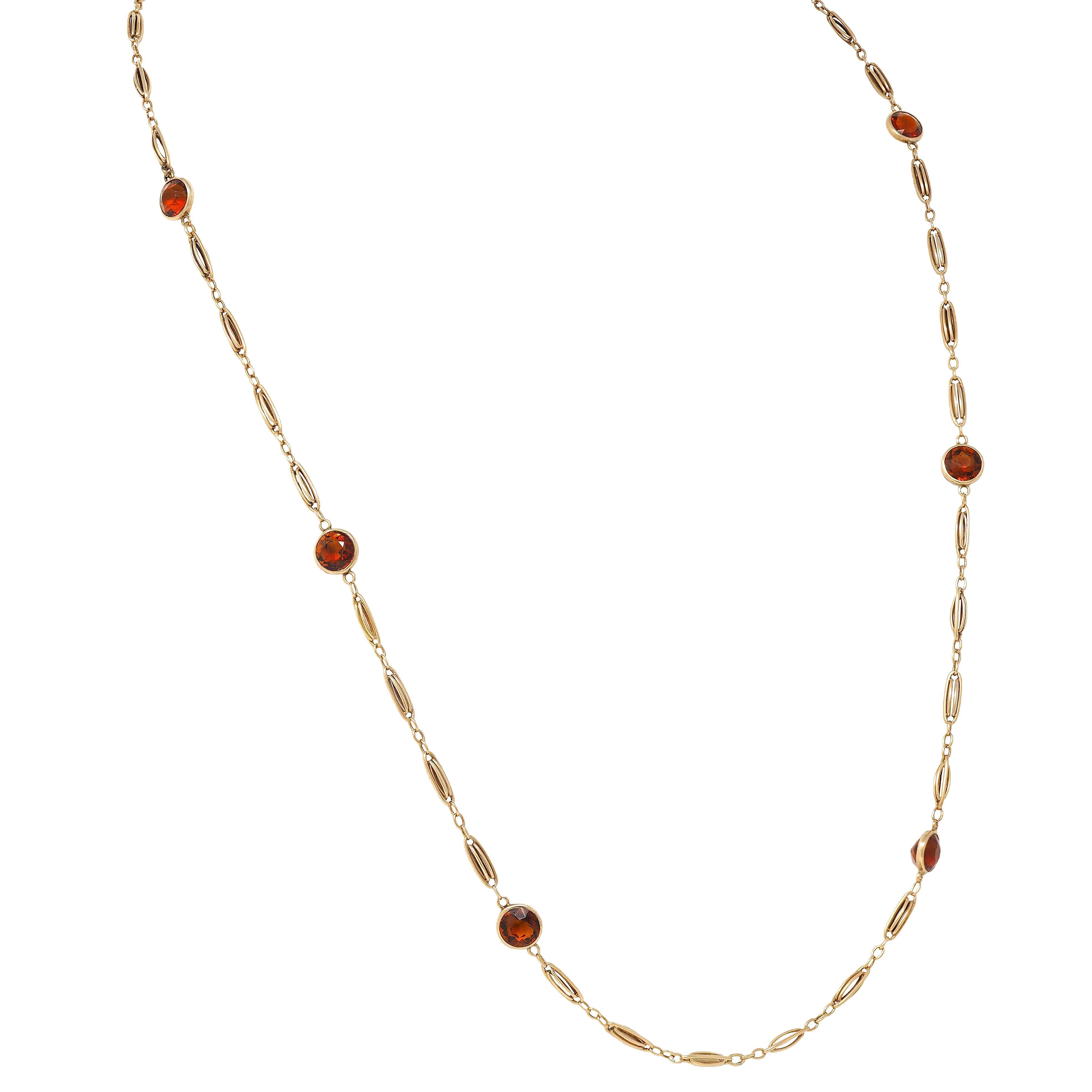 Collana vittoriana con citrino in oro giallo 14 carati con castone antico e stazione A Link In condizioni ottime in vendita a Philadelphia, PA