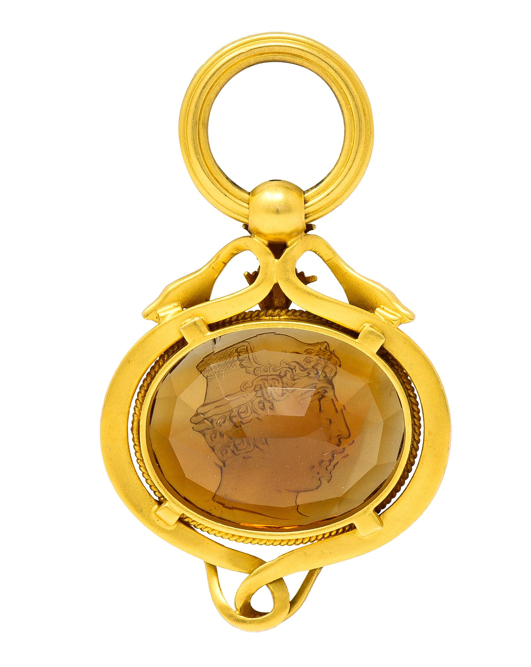 Oval Cut Victorian Citrine 14 Karat Yellow Gold Hermes Intaglio Snake Antique Fob Pendant For Sale