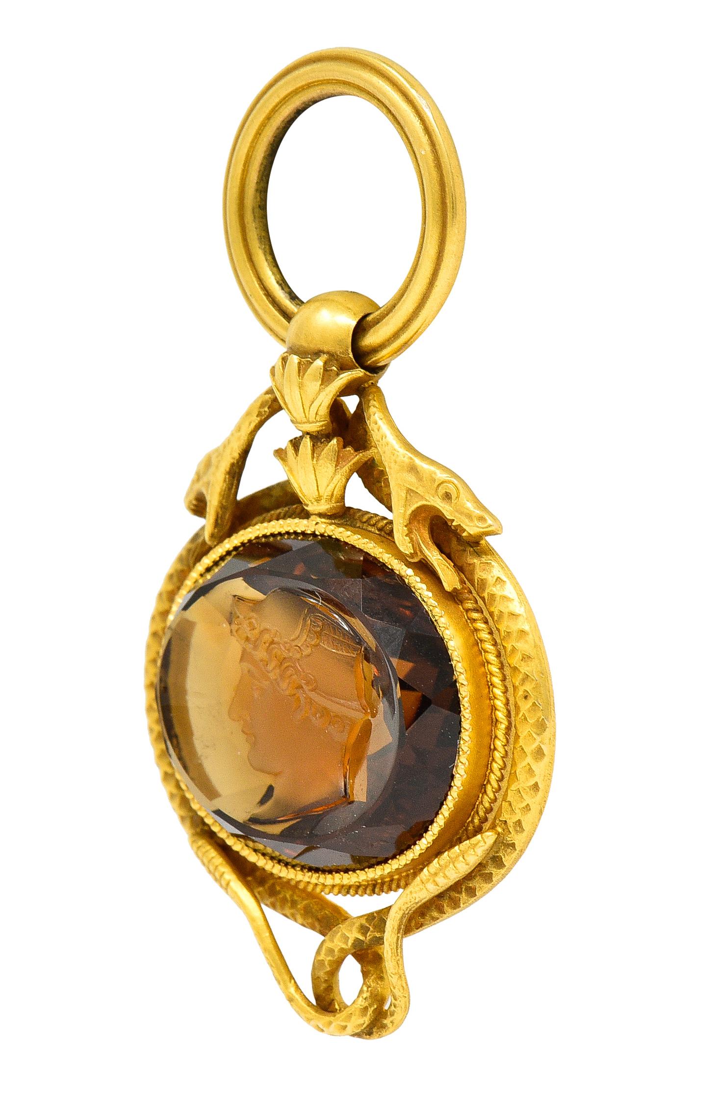 Victorian Citrine 14 Karat Yellow Gold Hermes Intaglio Snake Antique Fob Pendant In Excellent Condition For Sale In Philadelphia, PA