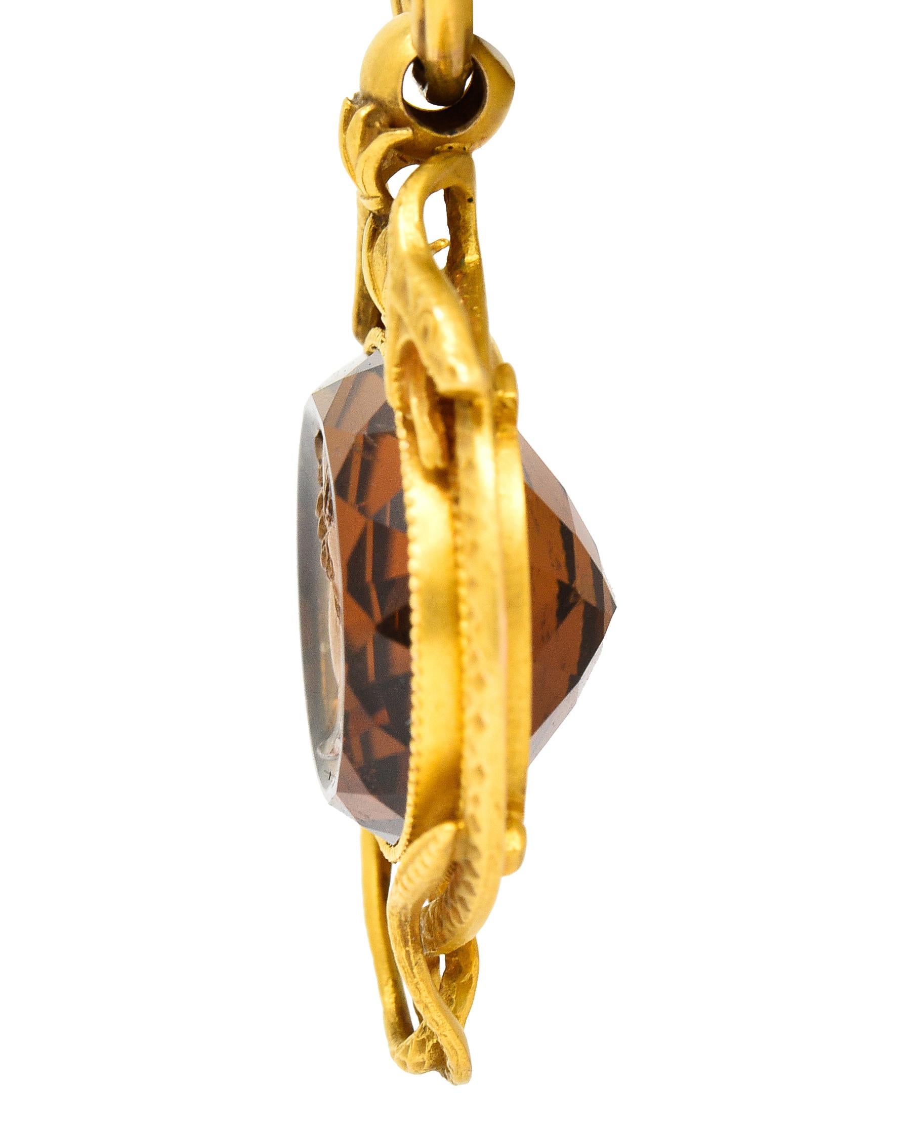 Women's or Men's Victorian Citrine 14 Karat Yellow Gold Hermes Intaglio Snake Antique Fob Pendant For Sale