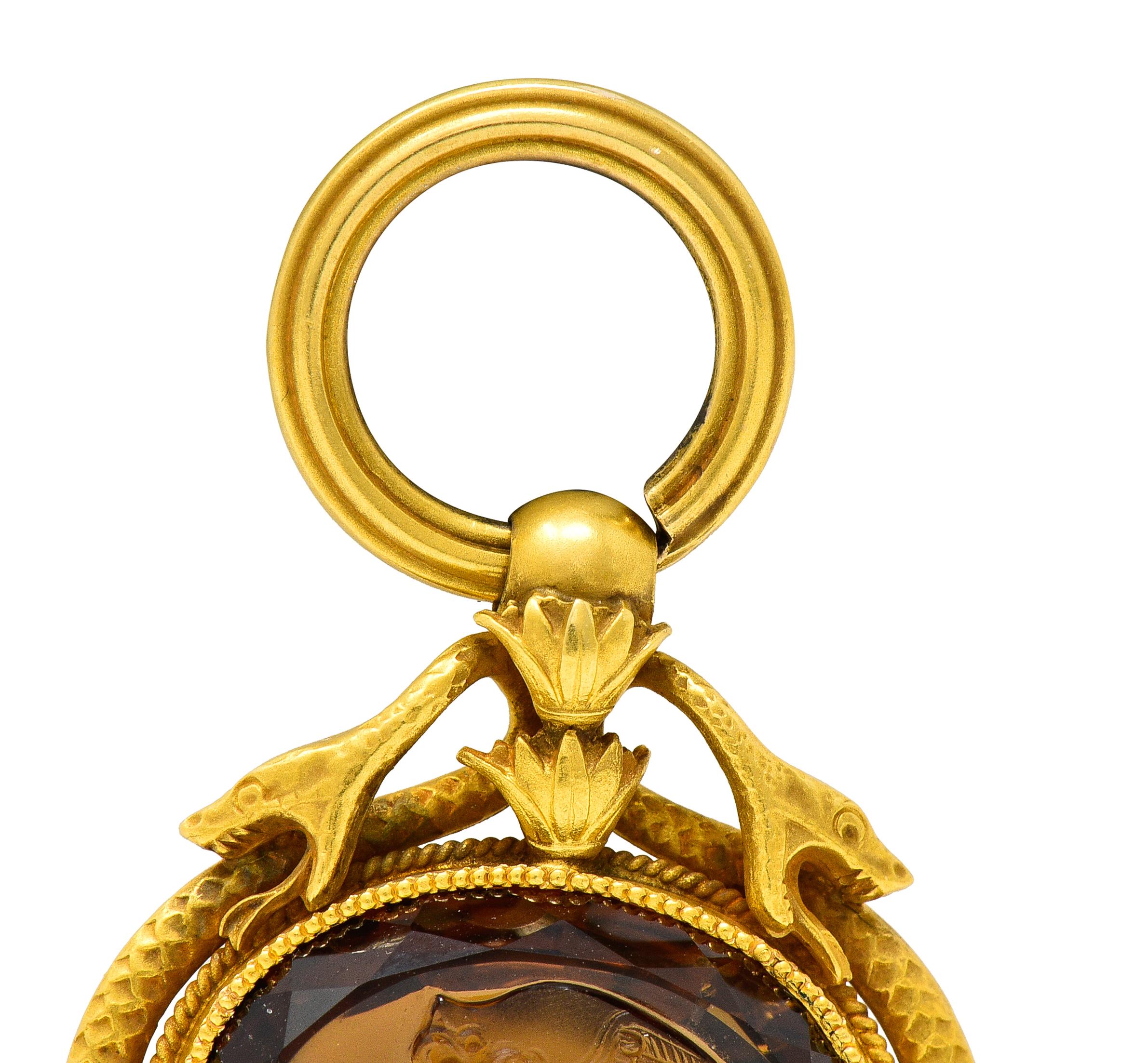 Victorian Citrine 14 Karat Yellow Gold Hermes Intaglio Snake Antique Fob Pendant For Sale 1