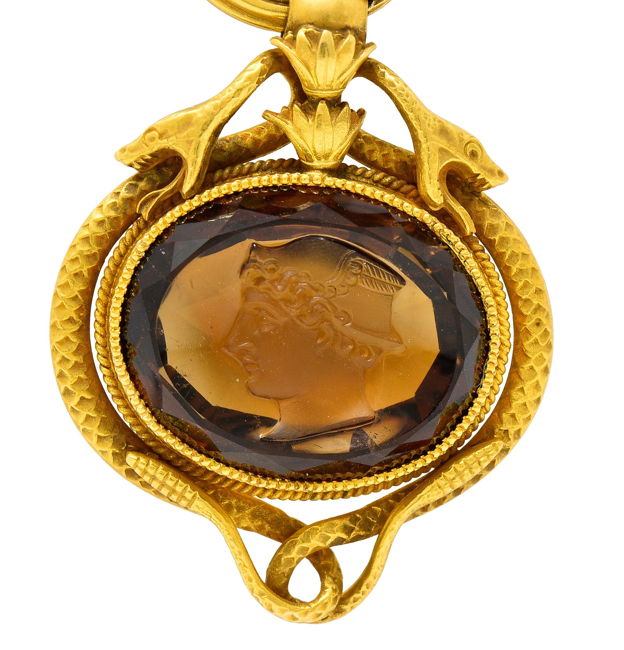 Victorian Citrine 14 Karat Yellow Gold Hermes Intaglio Snake Antique Fob Pendant For Sale 2