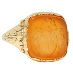 Victorian Citrine 14 Karat Yellow Gold Intaglio Antique Unisex Owl Signet Ring