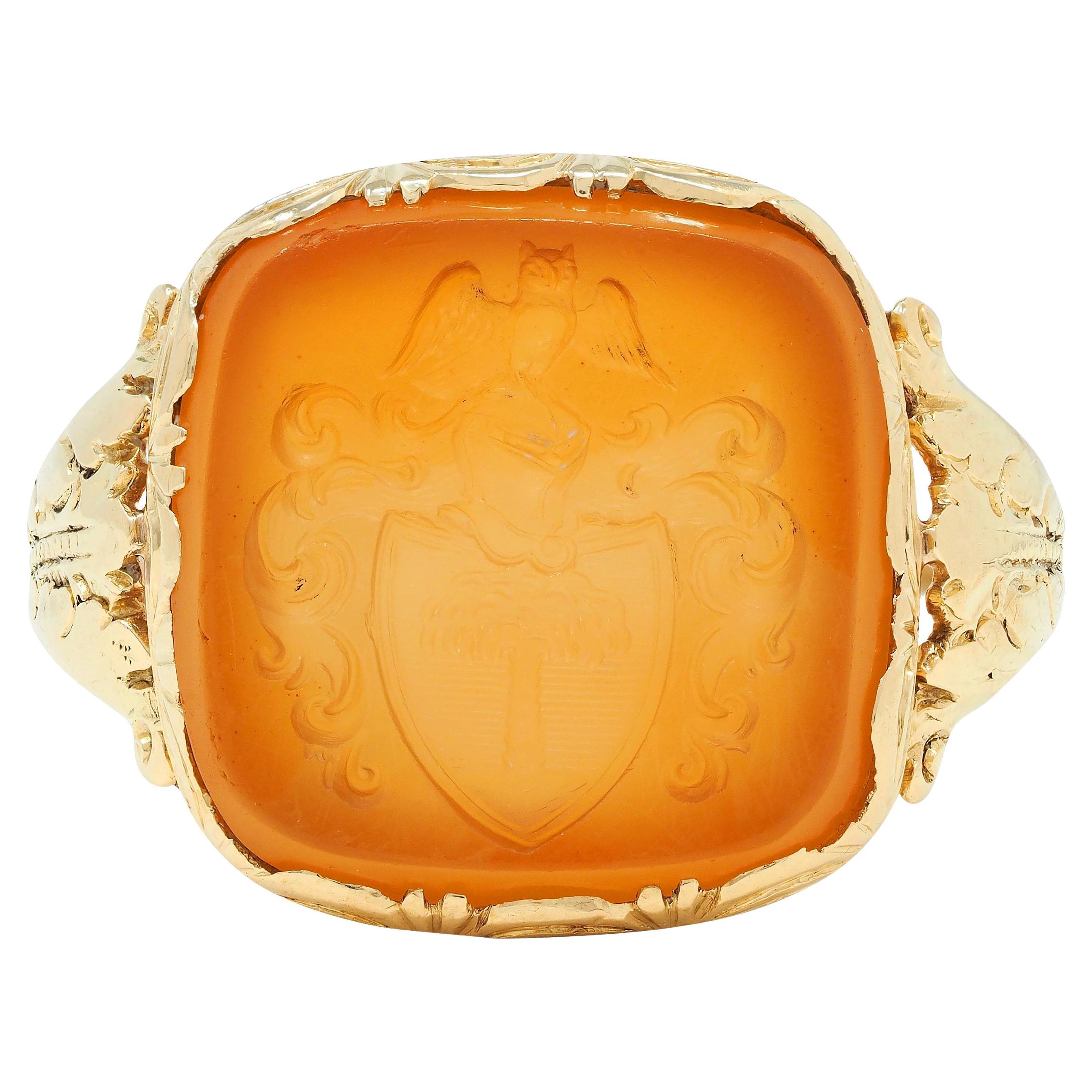 Victorian Citrine 14 Karat Yellow Gold Intaglio Antique Unisex Owl Signet Ring