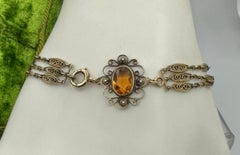 Victorian Citrine 14K Gold Bracelet Triple Strand Links Filigree 7.5 Inches