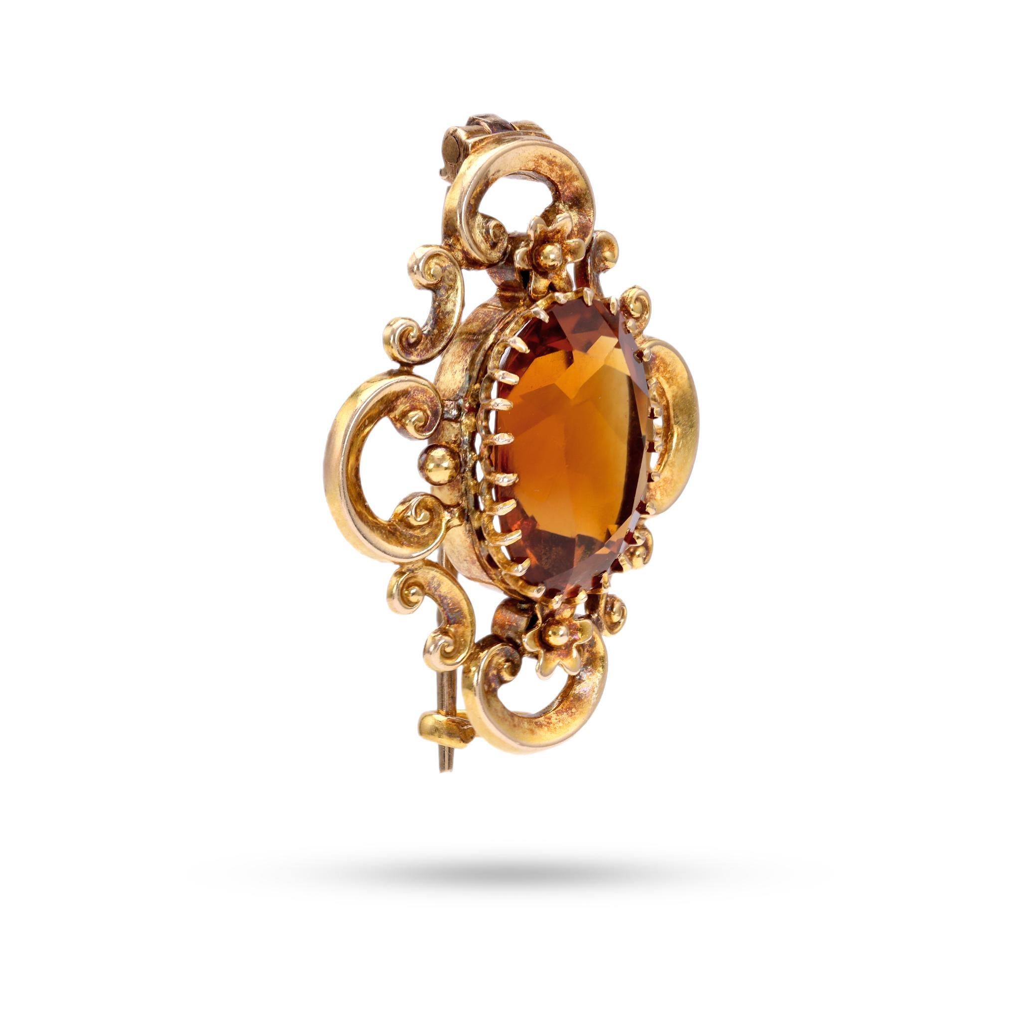 Oval Cut Victorian Citrine 14k Gold Brooch For Sale