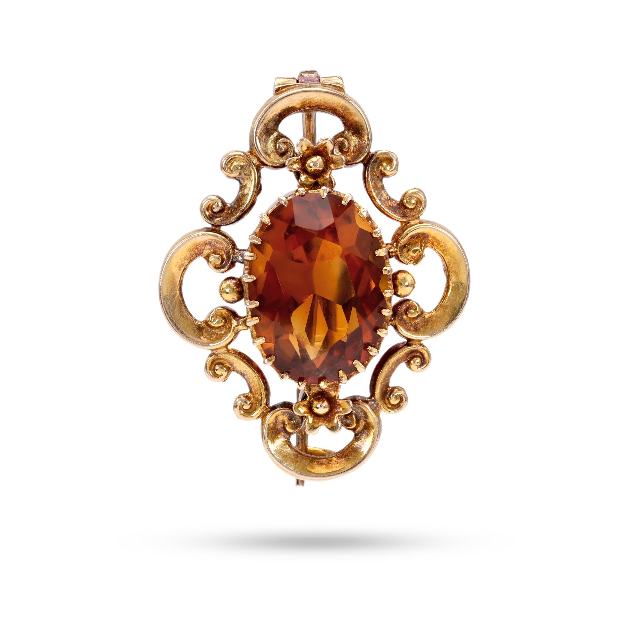 Victorian Citrine 14k Gold Brooch In Excellent Condition For Sale In Beverly Hills, CA