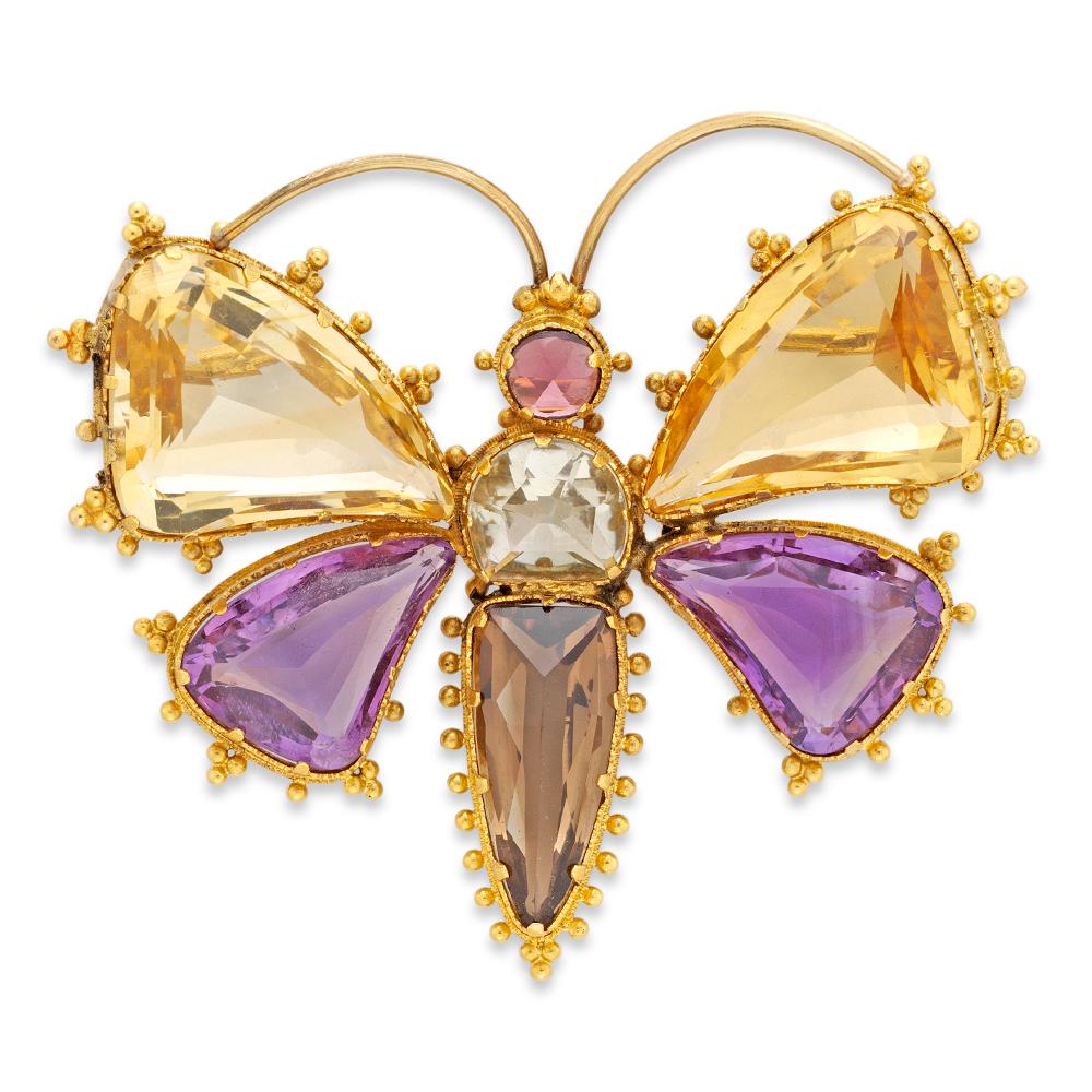 Women's or Men's Victorian Citrine Amethyst Garnet Quartz Gold Butterfly Brooch